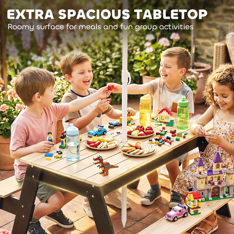 Kids Outdoor Table and Bench Set with Hidden Storage and Parasol for Tidy Garden Play Natural Wood Aiyaplay