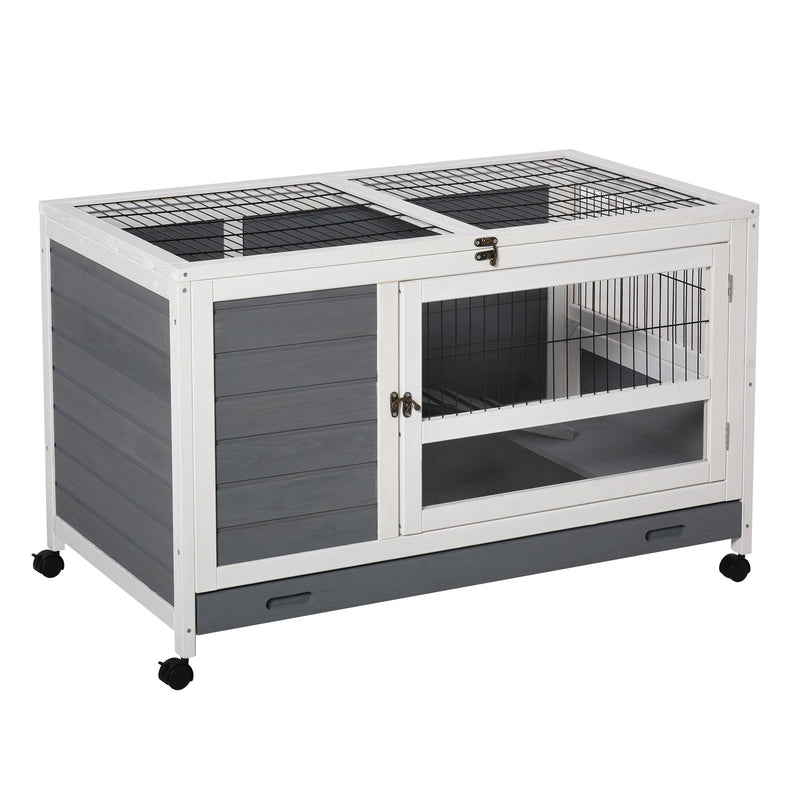 Elevated Wooden Rabbit Hutch with Slide Out Tray for Indoor Use Guinea Pig Cage Grey AOSOM