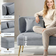 2 Seater Sofa, Light Grey Wing Back Sofa With Thick Cushioned Seat And Gold Metal Legs For Small Living Rooms