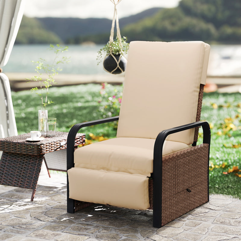Brown Rattan Garden Recliner Chair With Cushion Side Tray And Footrest by Outsunny