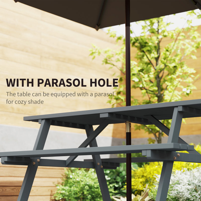 6 Seater Wooden Picnic Table with Parasol Hole Ideal for Garden or Patio Grey AOSOM