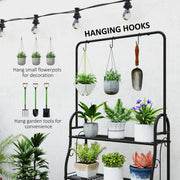 Black 3 Tier Metal Plant Stand with Hanging Rod and Hooks for Indoor and Outdoor Use by Outsunny