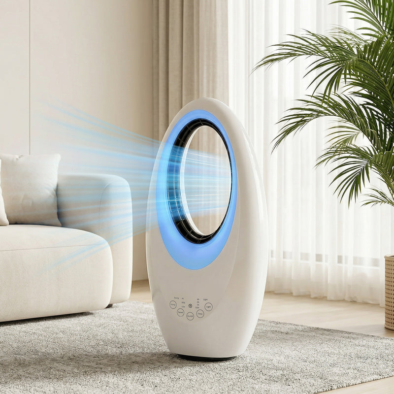 Bladeless Tower Fan for Quiet Safe Cooling with Remote and LED Lights, White