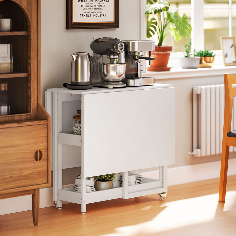 White Folding Drop Leaf Dining Table With Storage Shelves For Small Kitchens