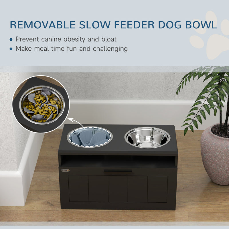 Raised Dog Bowl with Slow Feeder and Storage Drawer for Large Dogs Black by PawHut