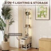 LED Floor Lamp with Shelves and Fabric Drawer for Living Room or Bedroom, Oak