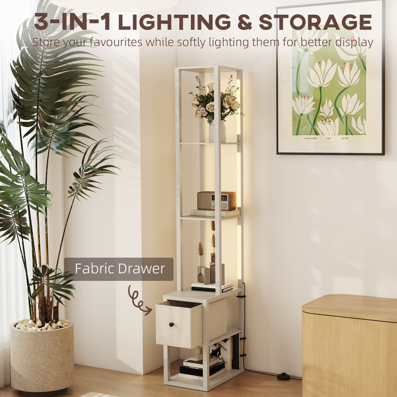 LED Floor Lamp with Shelves and Fabric Drawer for Living Room or Bedroom, Oak