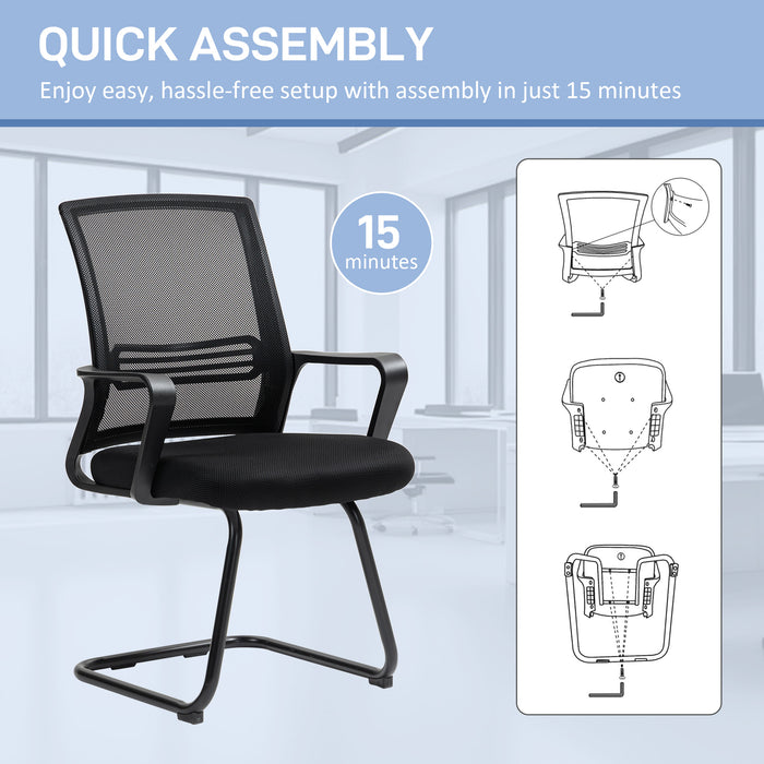 Black Ergonomic Desk Chair Without Wheels Padded Sled Base for Home Office or Conference by HOMCOM