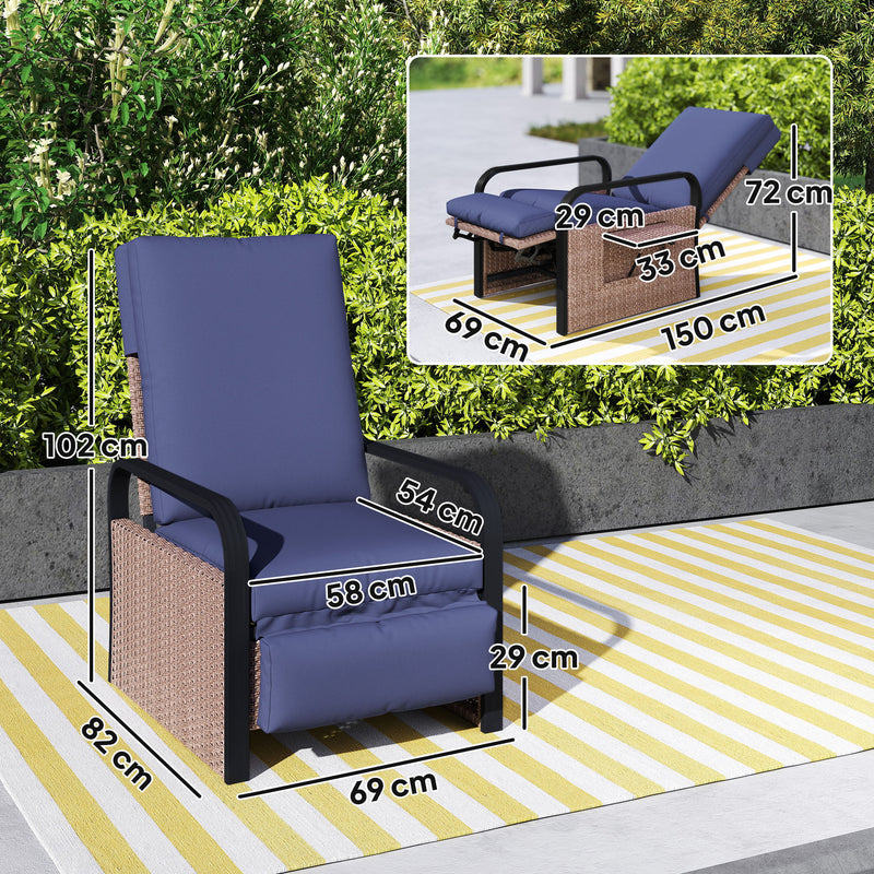 Rattan Garden Recliner Chair with Cushion Side Tray and Adjustable Footrest by Outsunny