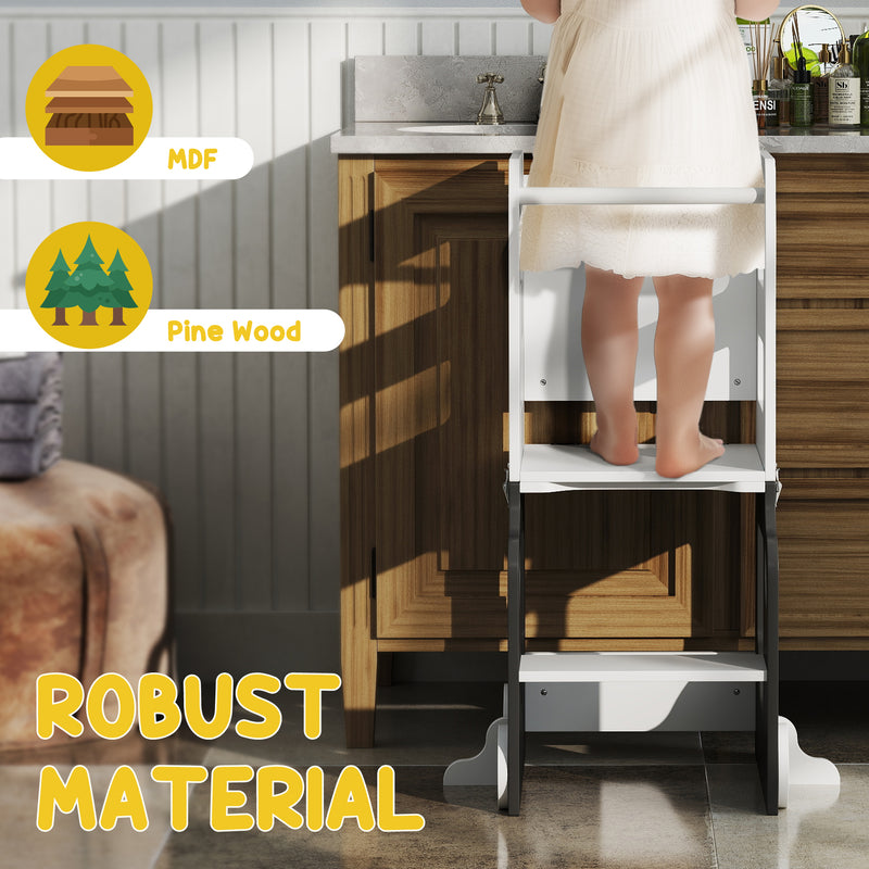Foldable Toddler Step Stool With Safety Rail For Kitchen And Bathroom Use Grey AOSOM