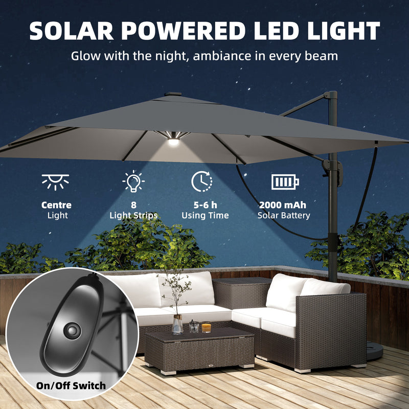 Square Cantilever Parasol with Lights and UPF 30+ Adjustable Shade for Patio, Light Grey