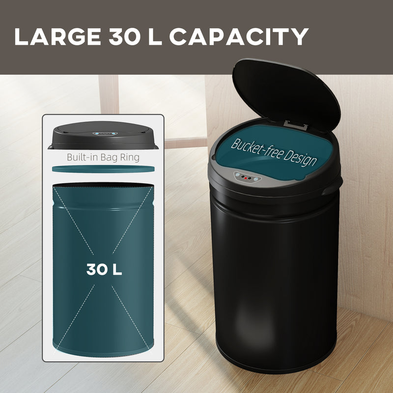 30L Touchless Kitchen Sensor Bin with Lid for Rubbish Waste Stainless Steel Black AOSOM