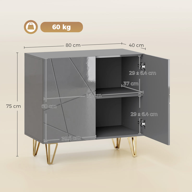 Sideboard with Adjustable Shelf for Living Room Storage High Gloss Grey Gold Tone