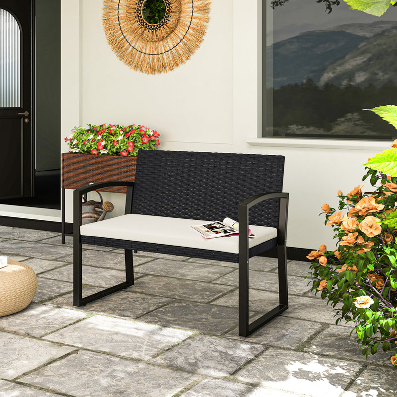 Two Seater Rattan Garden Bench with Cushions in Beige and Black by Outsunny