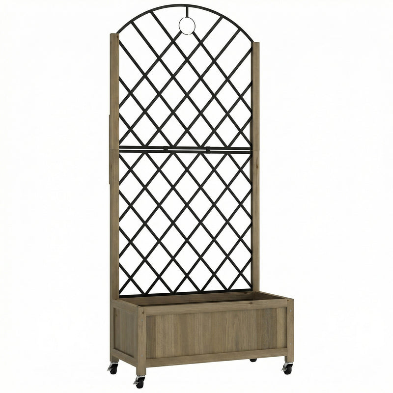 Wooden Planter with Metal Trellis and Wheels for Privacy and Climbing Plants Carbonised Finish Outsunny