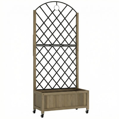 Wooden Planter with Metal Trellis and Wheels for Privacy and Climbing Plants Carbonised Finish Outsunny