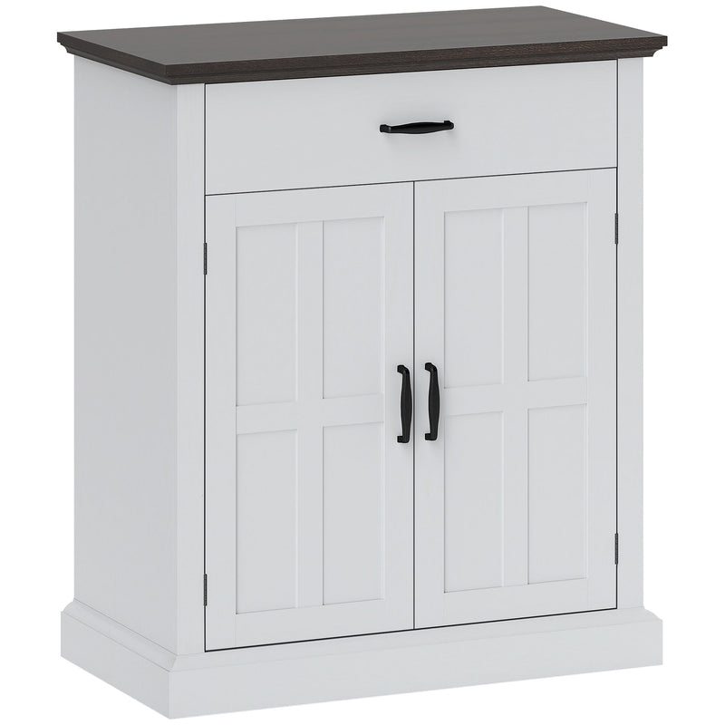 White Farmhouse Sideboard with Barn Doors and Thick Wooden Top for Kitchen Storage