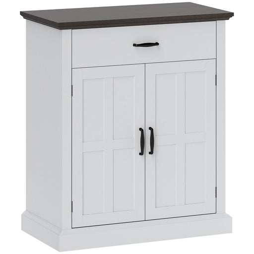 White Farmhouse Sideboard with Barn Doors and Thick Wooden Top for Kitchen Storage