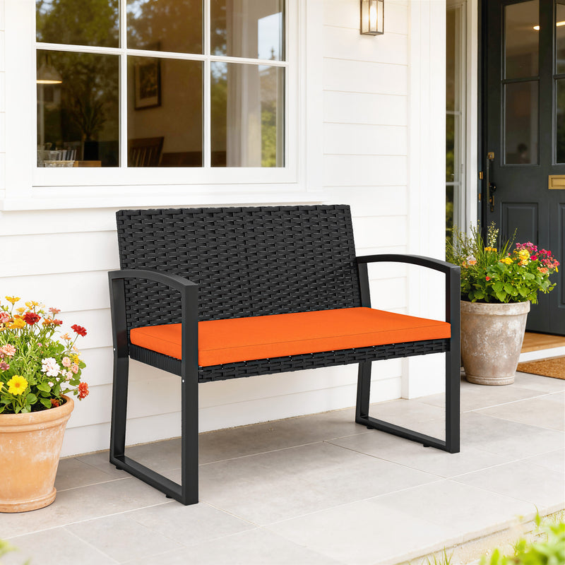 Rattan Garden Bench for Two with Padded Cushion and Steel Frame Black Outsunny