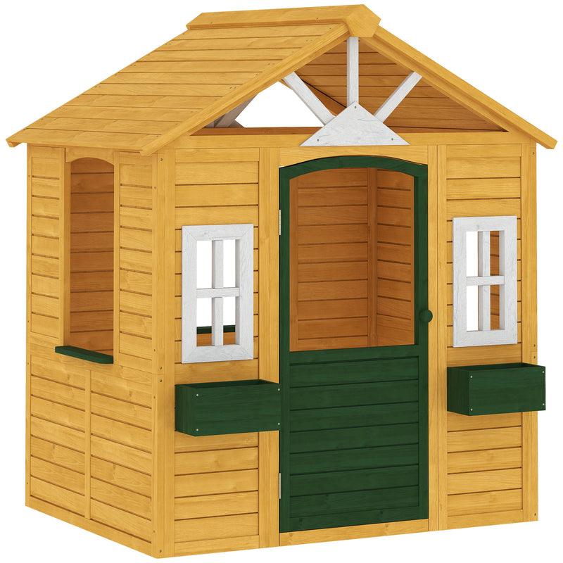 Wooden Garden Playhouse for Children with Spacious Interior and Flower Boxes Brown AOSOM