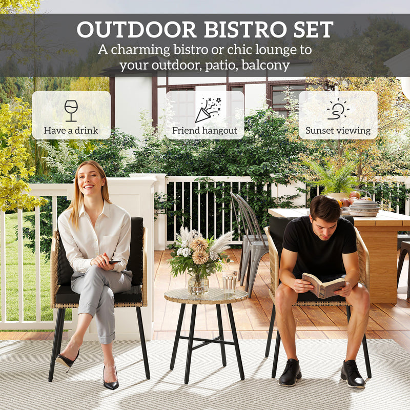 3 Piece Rattan Bistro Set with Cushions Glass Table and Wooden Finish Chairs by Outsunny