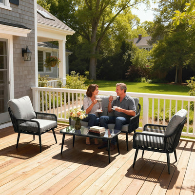 Rattan Garden Furniture Set 4 Piece With Cushions for Comfortable Outdoor Seating Black/Grey Outsunny