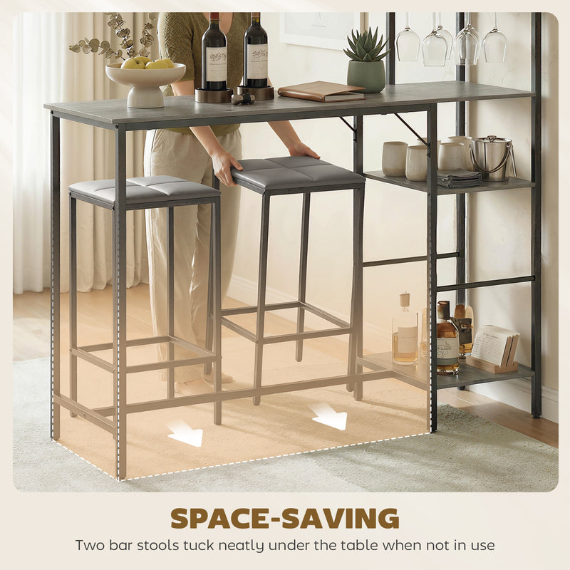 Breakfast Bar Table and Stools Set with Shelves and Wine Glass Rack for Small Spaces Washed Grey AOSOM
