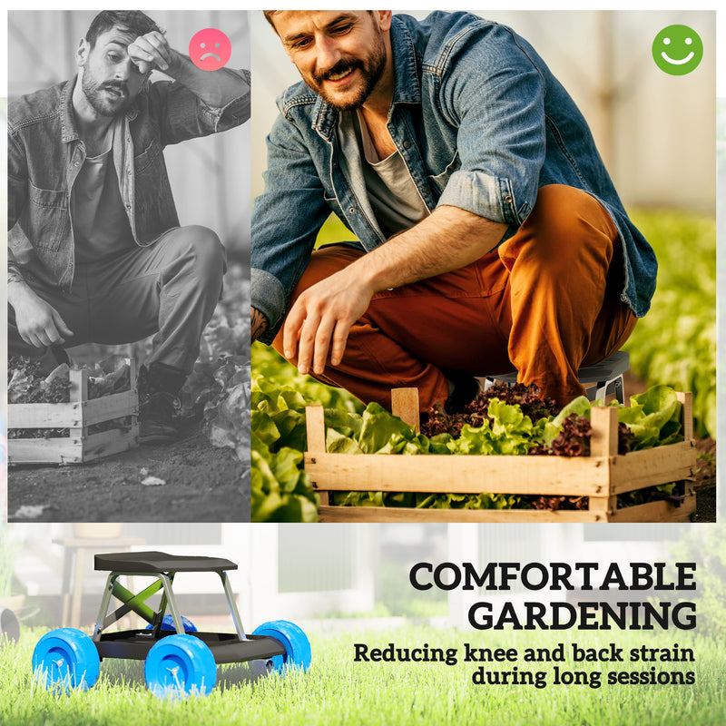 Blue Rolling Garden Seat with Wheels and Tool Tray for Weeding and Planting by Outsunny