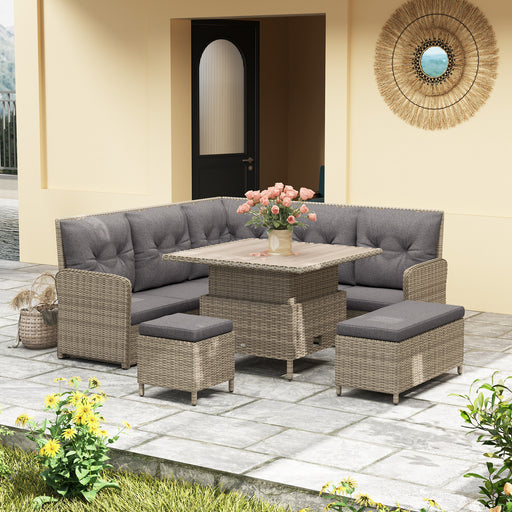 6 Seater Rattan Garden Sofa Set With Cushions and Liftable Table Light Grey by Outsunny