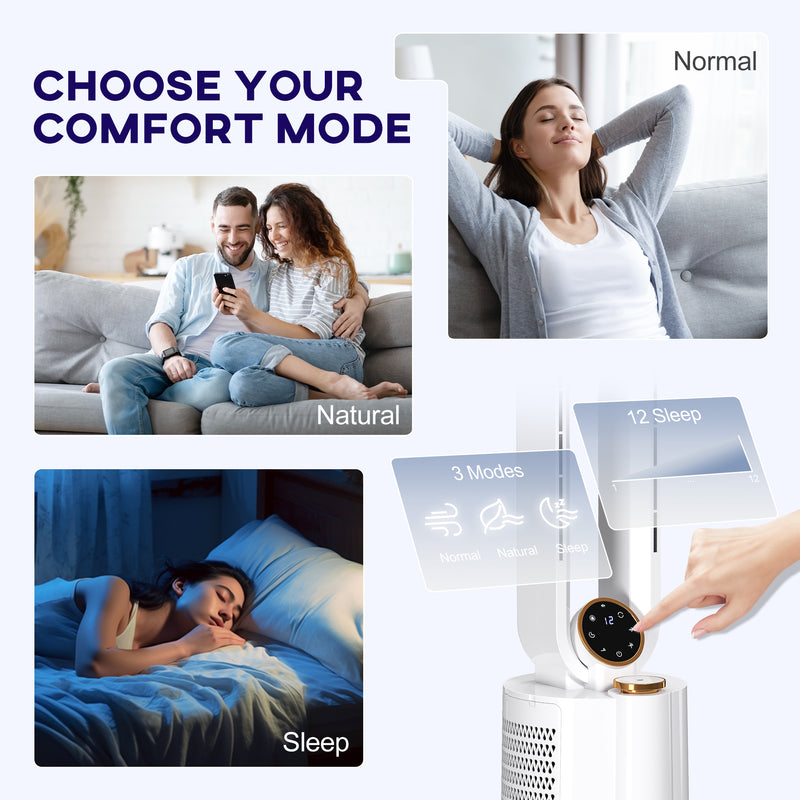 White Bladeless Tower Fan with Humidifier and Multi Modes for Home Cooling