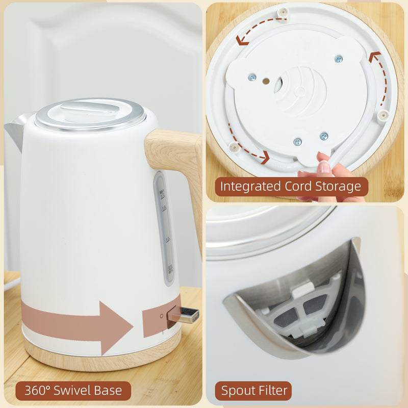 White 1.7L Fast Boil Cordless Kettle and 2 Slice Toaster Set With 7 Browning Levels by HOMCOM