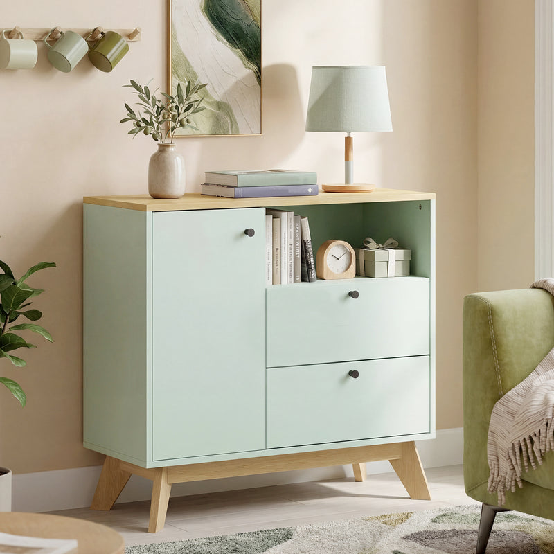 Sideboard with Adjustable Shelves for Organised Storage Light Green and Oak AOSOM