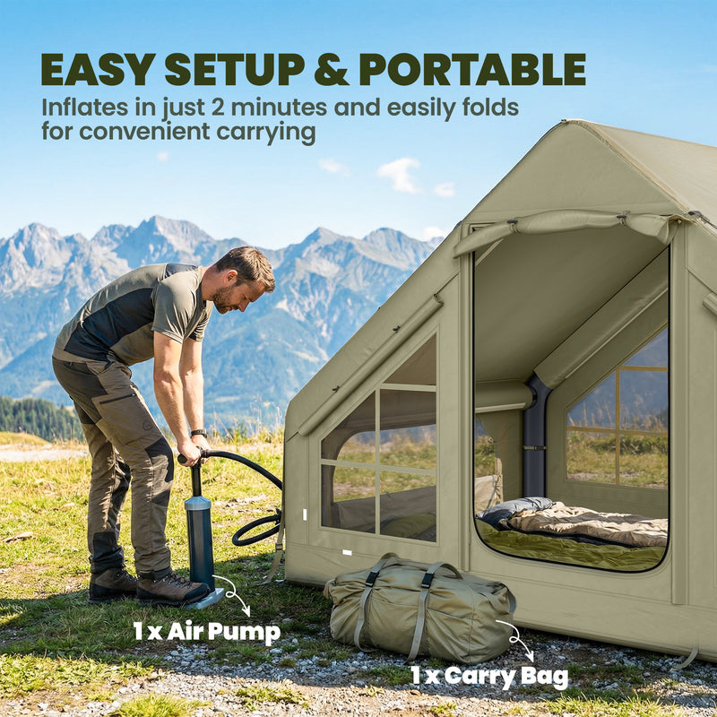 Inflatable Camping Tent With Pump, Stove Jack, Mesh Windows, 2–4 Person, Olive Green