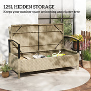 Garden Storage Bench with Hidden 125L Compartment and Padded Seat for Two Khaki Black Outsunny
