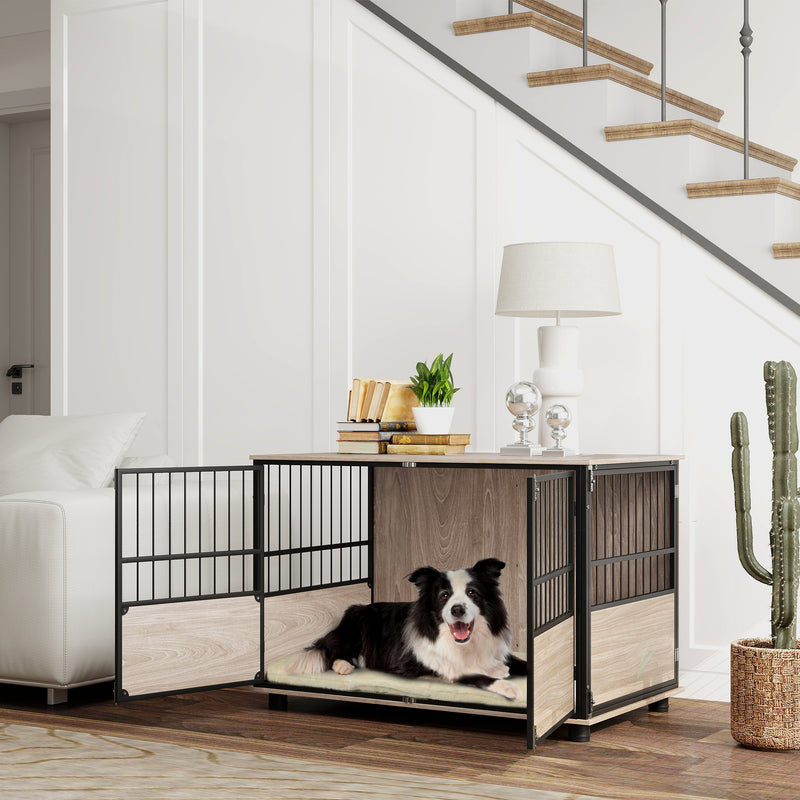 Large Dog Crate End Table with Washable Cushion and Triple Doors for Indoor Use Grey