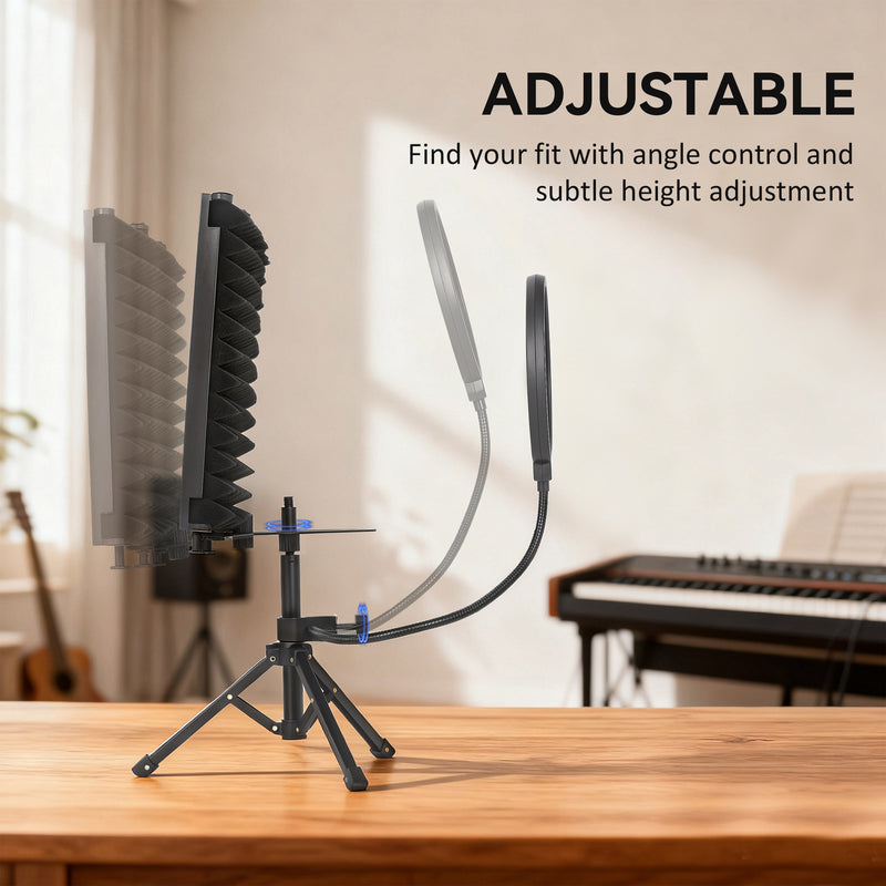 Foldable Studio Microphone Isolation Shield With Pop Filter And Tripod Stand Black AOSOM
