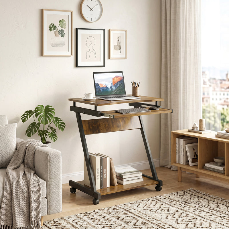 Compact Rolling Desk with Keyboard Tray and Storage Shelf for Small Spaces Rustic Brown