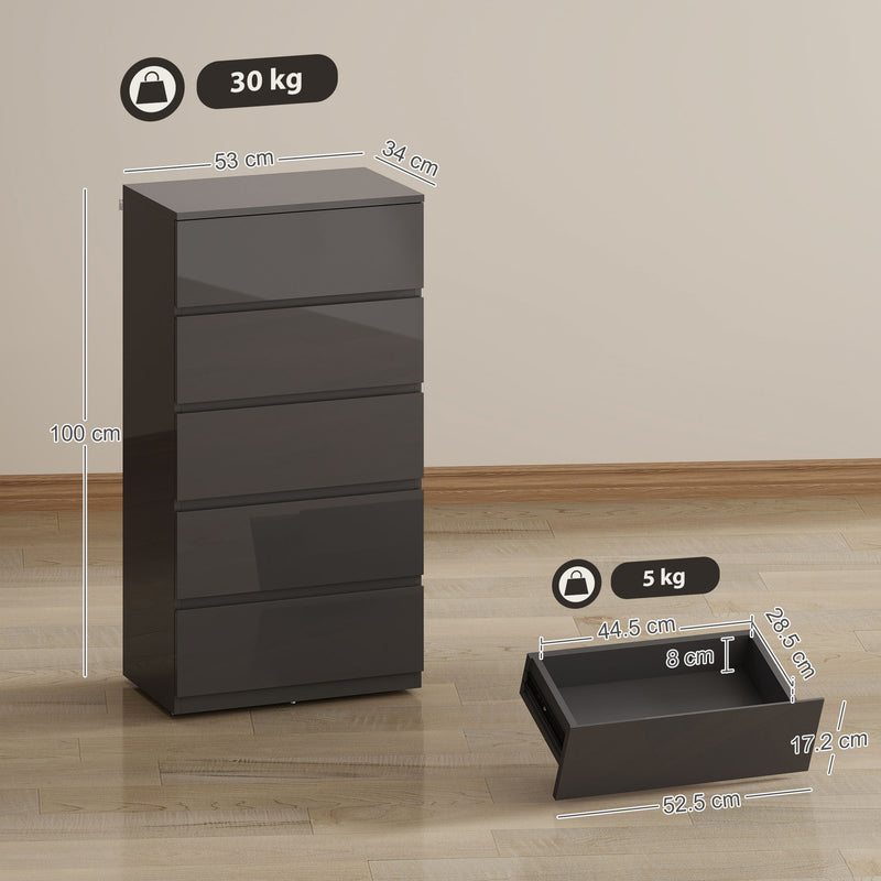 Chest of Drawers with 5 Spacious Storage Drawers for Bedroom Organisation High Gloss Grey AOSOM
