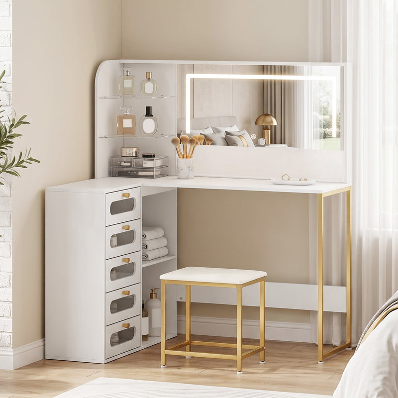 Corner Dressing Table Set with Adjustable LED Mirror and Organised Storage White Gold