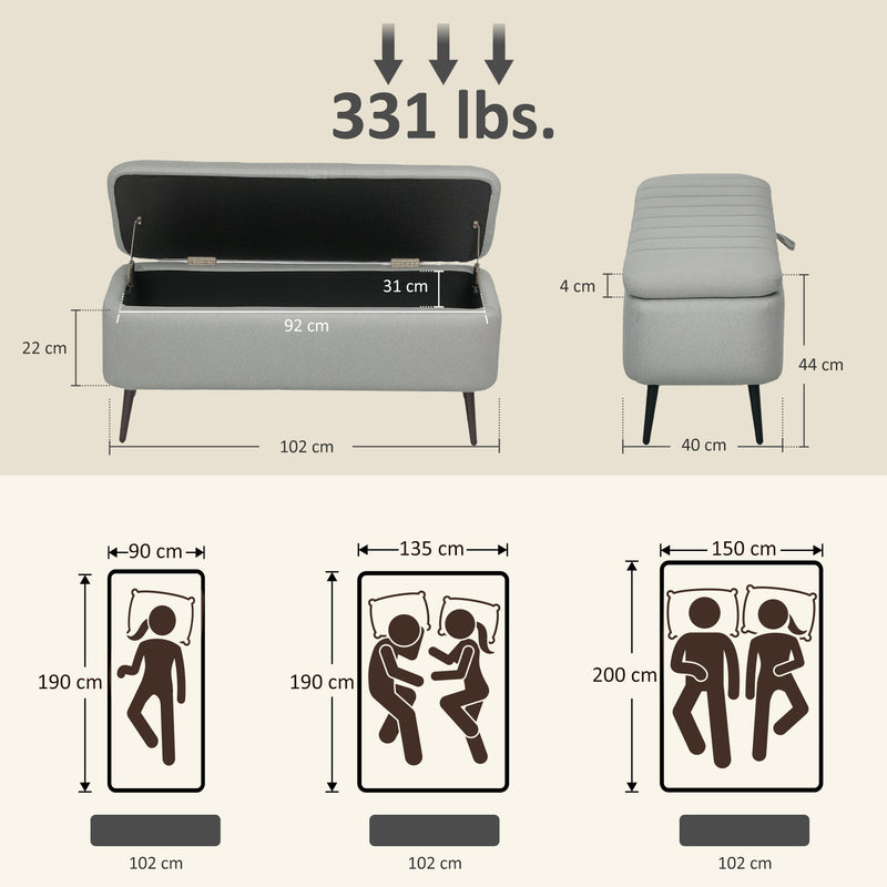 Linen Look Storage Ottoman Bench With Padded Seat And Hidden Compartment Light Grey