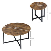 Set of 2 Round Coffee Tables with Metal Frame for Living Room or Bedroom Rustic Brown
