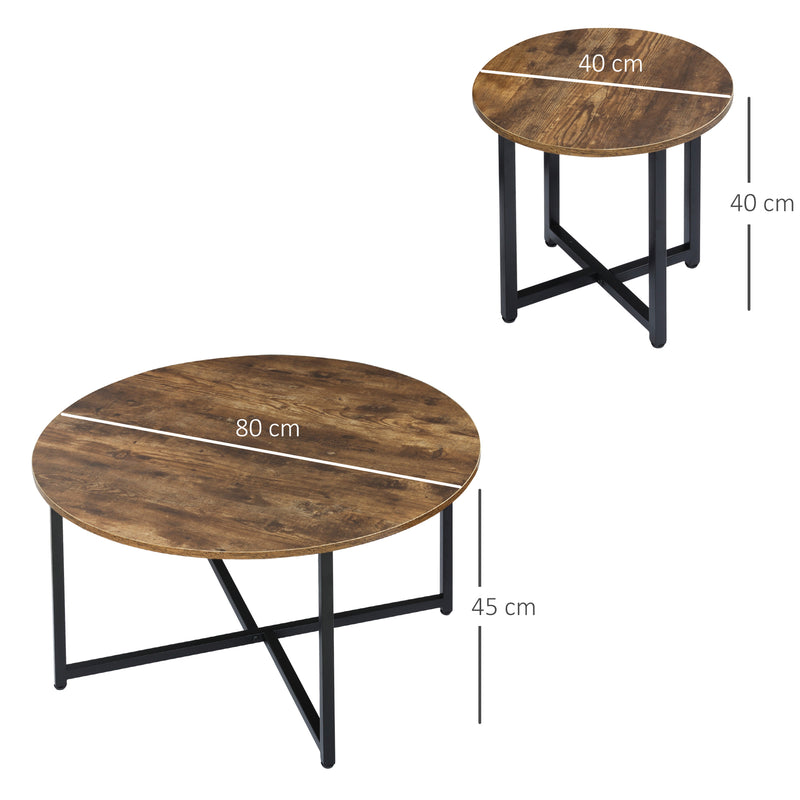 Set of 2 Round Coffee Tables with Metal Frame for Living Room or Bedroom Rustic Brown