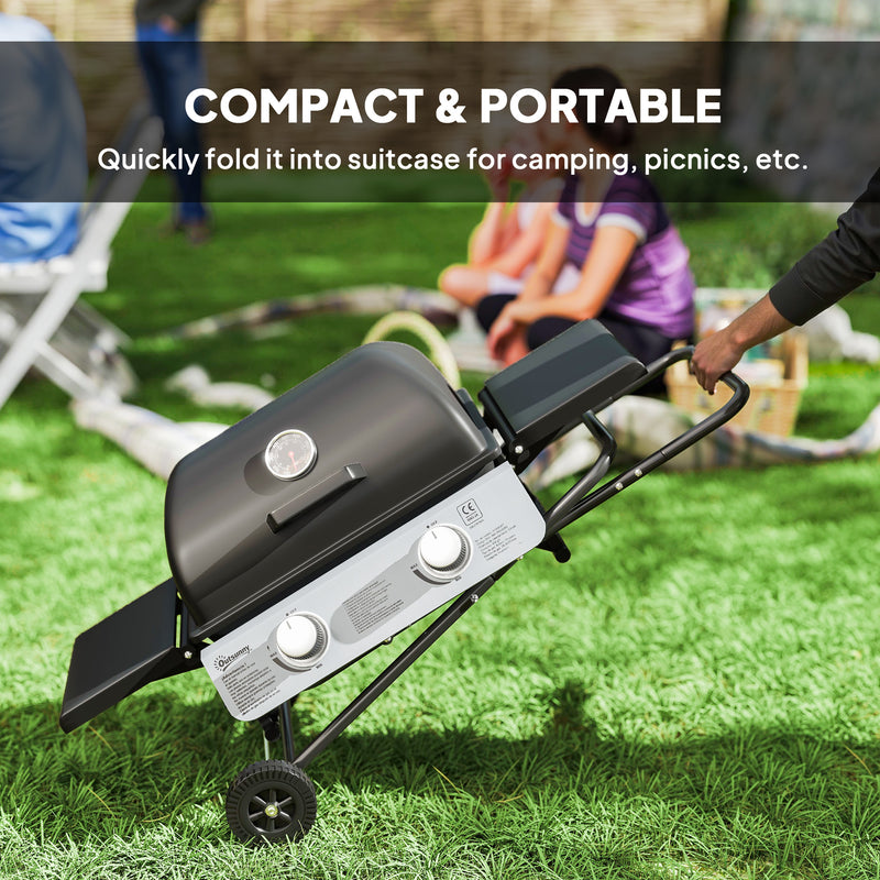 Foldable 2 Burner Gas BBQ Grill with Wheels and Thermometer Lid for Outdoor Cooking by Outsunny