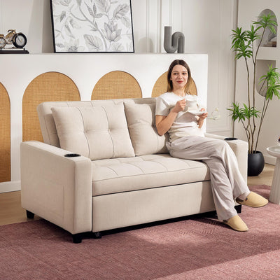 Two Seater Pull Out Sofa Bed with Storage Ideal for Guests and Small Spaces, Beige