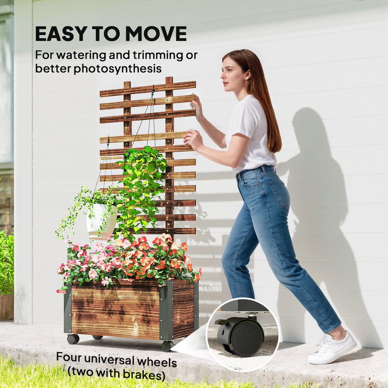 Wooden Raised Garden Bed With Trellis and Wheels for Outdoor Planting Greenhouse Brown Outsunny