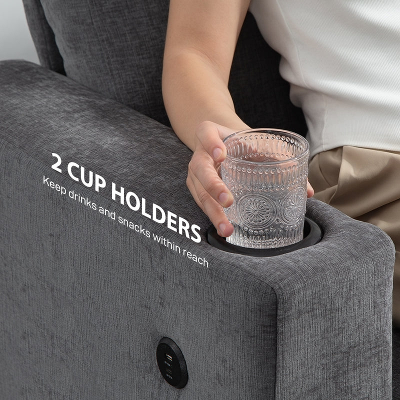 3 Seater Sofa With USB Charging Ports And Cup Holders For Lounge, Grey
