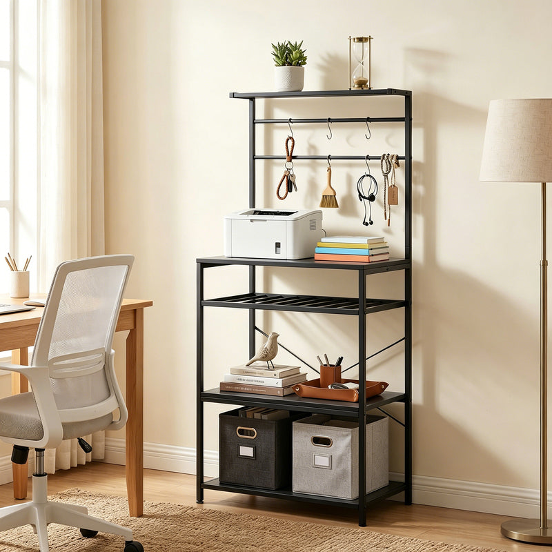 Kitchen Storage Shelf with Wine Rack and Hooks for Small Spaces Black