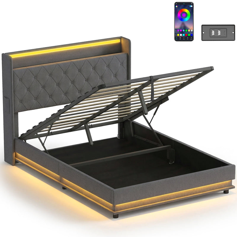Double ottoman bed frame with the base lifted on gas struts, studio shot