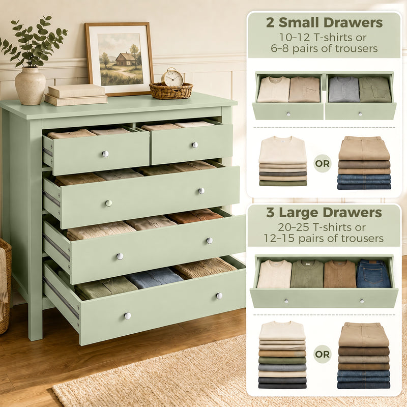 Chest of Drawers with 5 Wide Storage Drawers for Organising Bedroom Clothes Sage Green