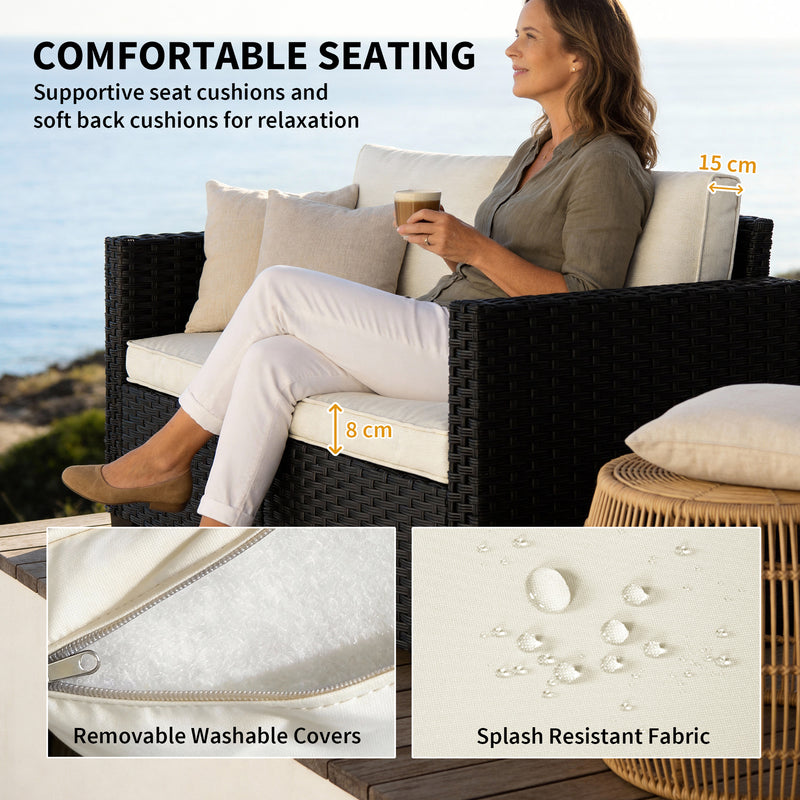 2 Seater Rattan Garden Sofa with Cushions for Comfortable Outdoor Relaxing Black Cream White Outsunny